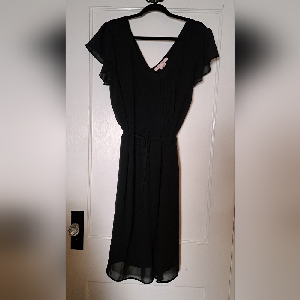 Flutter sleeve black chiffon lined dress with pin tucked front detail